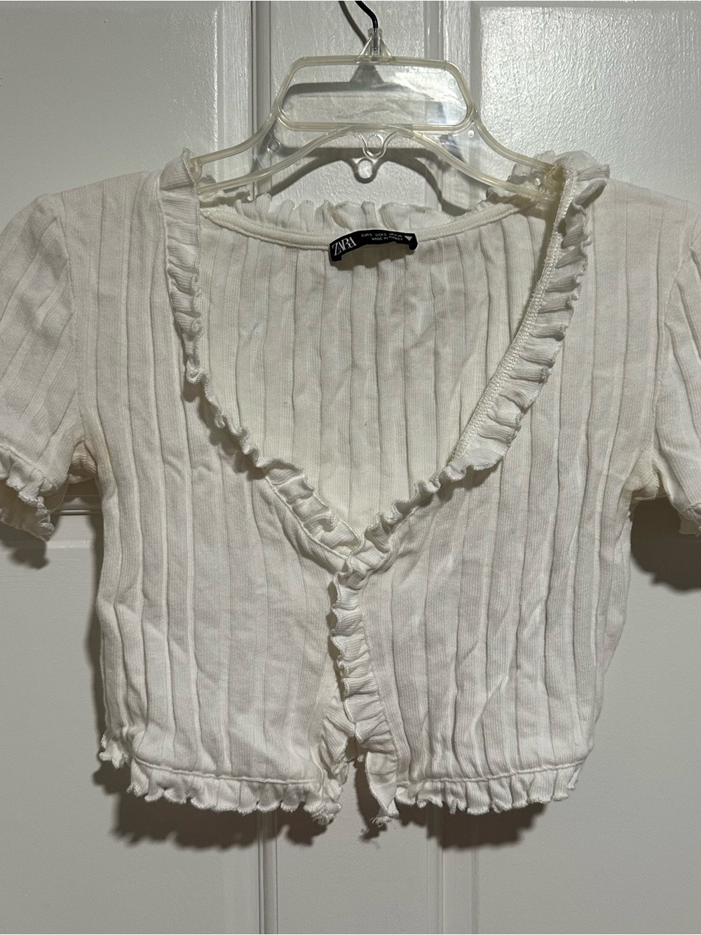 Zara White Ruffle-Trim Ribbed Crop Top